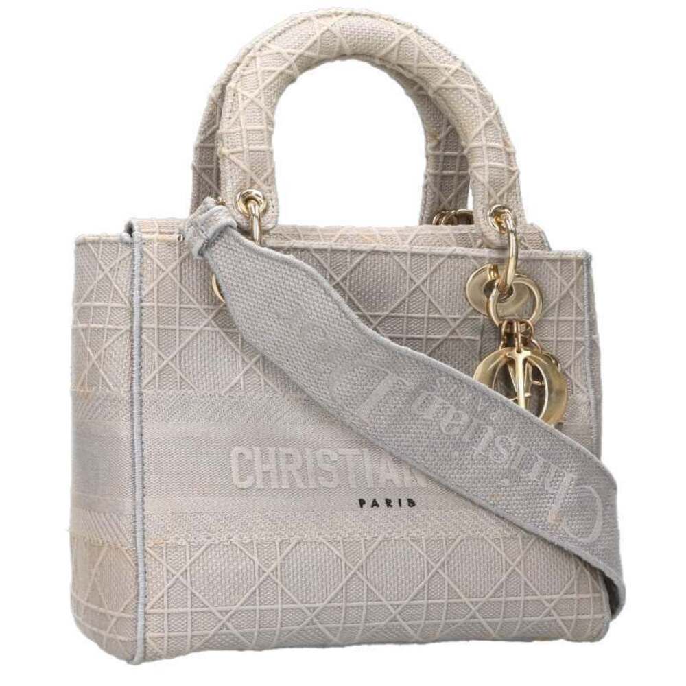 Christian Dior Lady Cannage Canvas Handbag Gray Tone